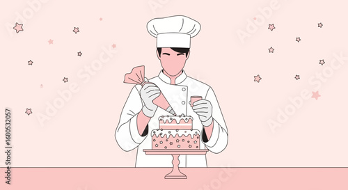 Culinary Artisan Decorates Delightful Layered Cake In Pink Color Palette Presentation