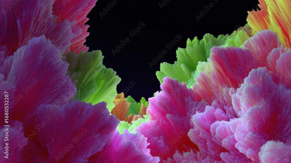 Obraz premium Abstract digital art piece that appears to be made up of multiple layers of different colors and shapes. the colors are predominantly pink, red, green, and yellow, with some hints of blue and purple.