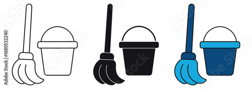Mop bucket icon set, used for cleaning floors and household sanitation. Vector illustration.