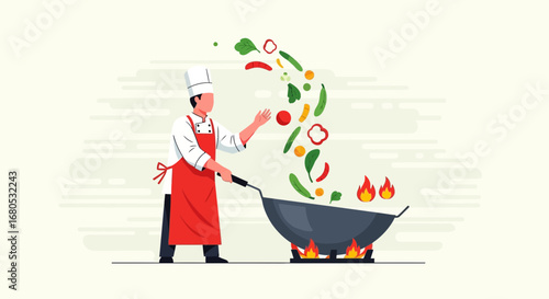 Culinary Creation: A Chef Artfully Cooks Fresh Ingredients in the Kitchen