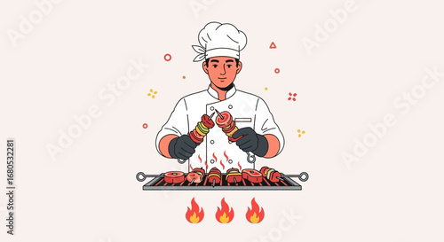 Culinary Expert Preparing Gourmet Skewers on a Grilling Rack with Flames Illustration