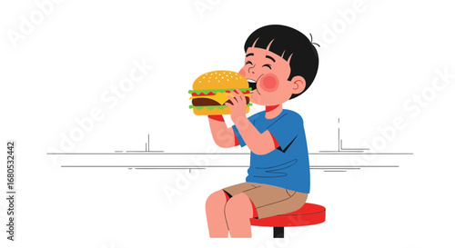 Delighted Child Enjoying A Delicious Burger, Relishing Every Bite With Uncontainable Joy