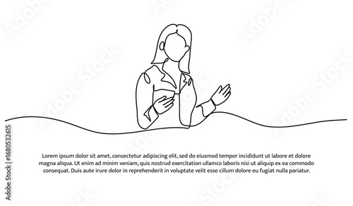 One line of a woman speaking at a seminar. Abstract minimal continuous line.