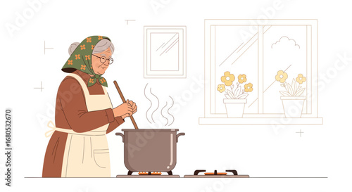 Elderly Woman Cooking And Preparing A Meal In The Kitchen Ready To Eat And Serve