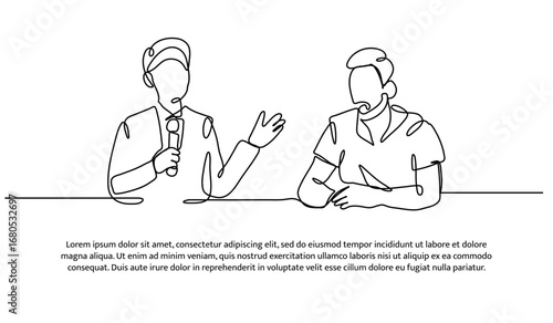 One line of two men are on a podcast. Abstract minimal continuous line.