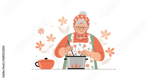 Elderly Woman Preparing Cuisine, Depicting Culinary Practices, And Floral Backgrounds In The Kitchen