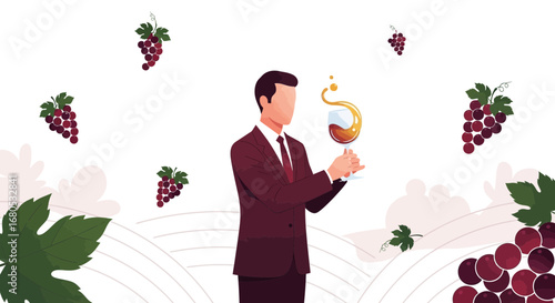 Elegant Sommelier Appreciating Wine Amongst Grape Vines, Perfect for Wine Industry Media