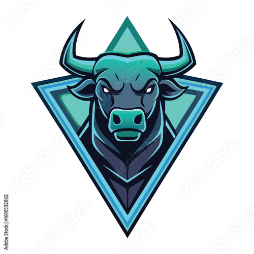 Fierce turquoise bull embodiment of strength within a geometric triangle design