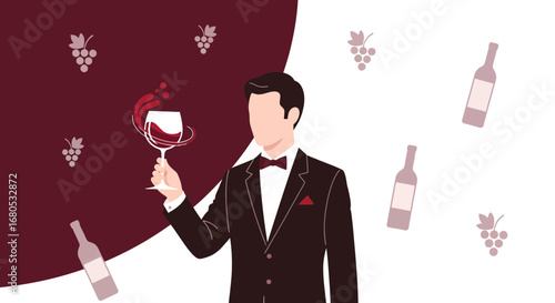 Elegant Sommelier Presenting Sparkling Wine In A Glass, Decorative Wine Background.