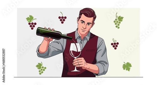 Elegant Wine Pouring Illustration: The Sommelier's Art and Grapevine Decoration