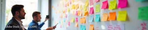 A brainstorming session in progress, colorful sticky notes cover a whiteboard, representing innovative ideas and collaborative teamwork , analysis, technology, improvement