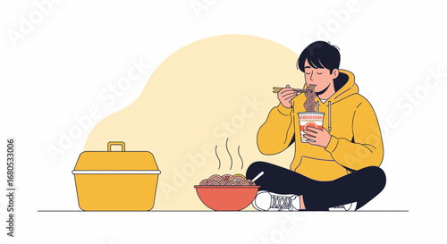 Enjoying Hot Noodles: A Person Eating From A Cup Illustration, Vector Design