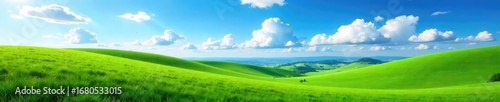 A breathtaking panoramic view of a rolling green hill landscape under a vibrant blue sky, dotted with fluffy white clouds Perfect for travel, nature, and environmental projects , clouds, scenery