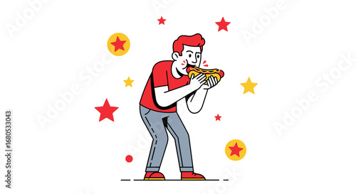 Enthusiastic Person Devouring Hotdog With Animated Star Decorations And Vivid Color Scheme