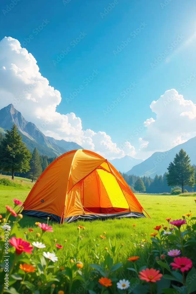 custom made wallpaper toronto digitalA brightly colored tent pitched in a sunny meadow, wildflowers blooming nearby, conveying a sense of carefree joy and outdoor adventure , cheerful, tent