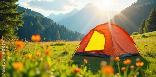 Wallpaper Mural A brightly colored tent pitched in a sun-drenched meadow, wildflowers blooming nearby, conveying a sense of carefree outdoor joy and adventure ,  optimism,  colorful Torontodigital.ca