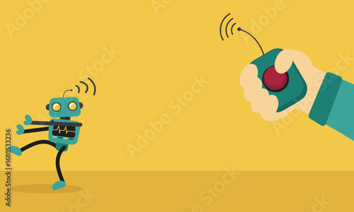 Vector illustration of a robot controlled by a giant hand with a remote control, symbolizing authority, control, pressure, manipulation, struggle in business, career, and corporate life.