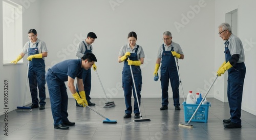 Diverse team of cleaners working together to sanitize a room