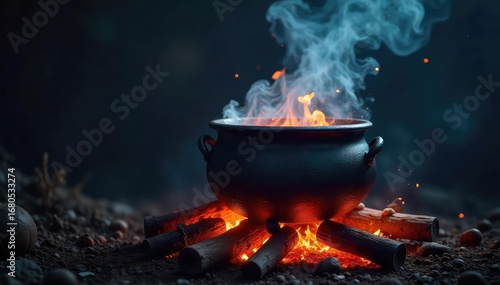 Wallpaper Mural A bubbling cauldron over a crackling fire, steam rising amidst swirling shadows, hinting at a potent brew Perfect for Halloween, fantasy, or witchcraft themes , spooky, mysterious Torontodigital.ca