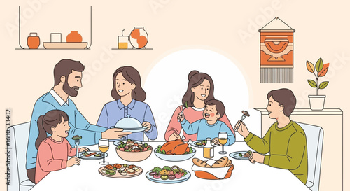 Family Gathering Together To Relish A Delicious Dinner, Smiling and Enjoying Time