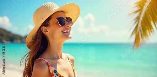 Wallpaper Mural A carefree summer scene featuring a sunhat, sunglasses, and a vibrant floral dress, radiating warmth and relaxation on a sunny day , floral print, beach Torontodigital.ca