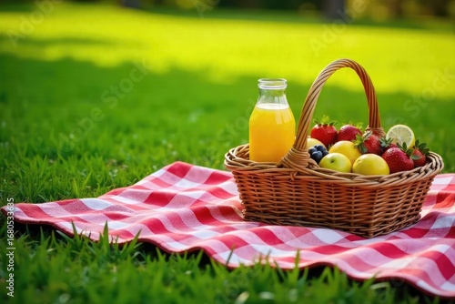 Wallpaper Mural A checkered blanket spread on a sun-dappled grassy field, laden with a wicker basket overflowing with summer fruits, sandwiches, and lemonade Perfect for a relaxing summer's day , escape, delicious Torontodigital.ca