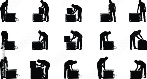 Silhouette worker operating portable generator, man adjusting machine equipment, electricity power supply maintenance, emergency energy backup technician, industrial repair service illustration