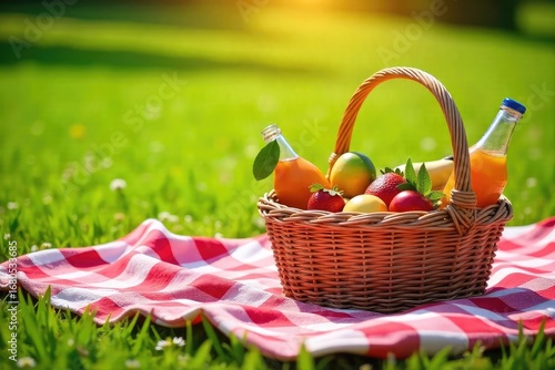 Wallpaper Mural A checkered blanket spread on a grassy field, laden with a summer picnic basket overflowing with delicious food and refreshing drinks, bathed in warm sunlight , bread, basket Torontodigital.ca