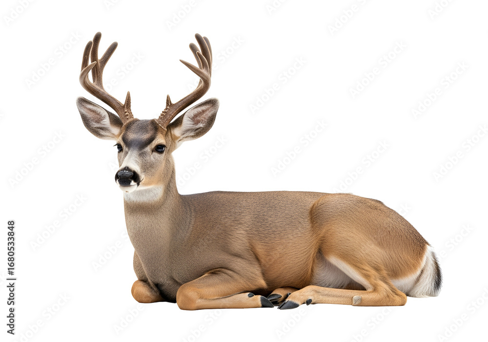 Fototapeta premium A well-lit, full shot of a mule deer lying down against a pure black background.