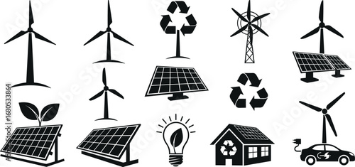 Renewable energy icons, solar panels, wind turbines, electric car, green house, recycling symbols, sustainable power, eco-friendly technology, clean energy, environmental protection