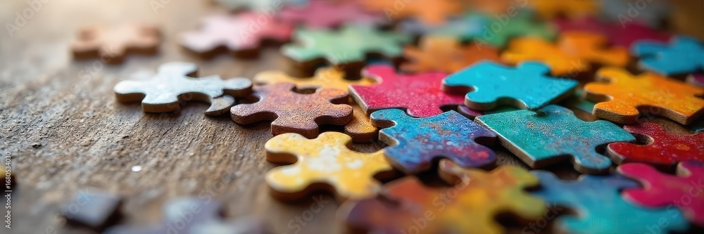 custom made wallpaper toronto digitalColorful Jigsaw Puzzle Pieces Scattered on Wooden Table, Close-Up View Highlighting the Challenging and Complex Nature of the Puzzle Game.