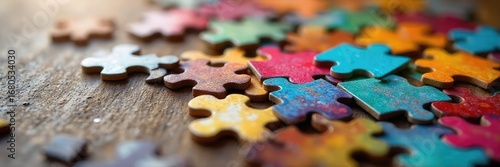 Wallpaper Mural Colorful Jigsaw Puzzle Pieces Scattered on Wooden Table, Close-Up View Highlighting the Challenging and Complex Nature of the Puzzle Game. Torontodigital.ca