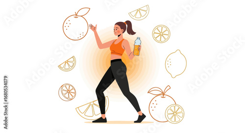 Female Exercising, Offering Healthy Juice, Promoting Citrus Fruits For Wellness And Wellbeing