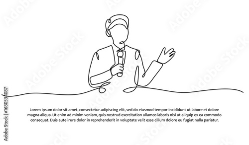 One line of male reporter. Abstract minimal continuous line.