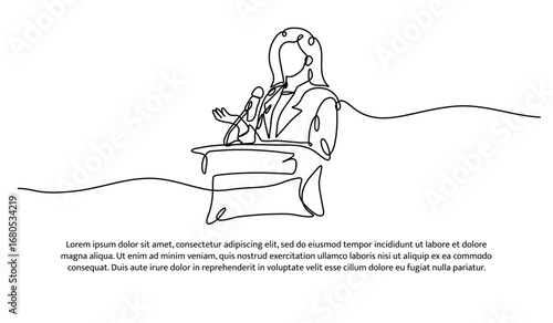One line of a woman is giving a speech at the podium. Abstract minimal continuous line.
