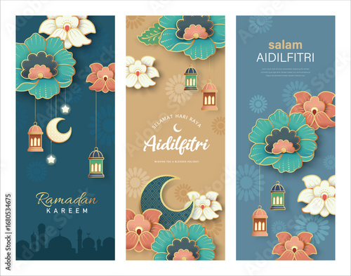 Set of Islamic festival banners design with flowers, lanterns and frames, suitable for Ramadan Kareem , Hari Raya, Eid Mubarak, Eid al Adha.

