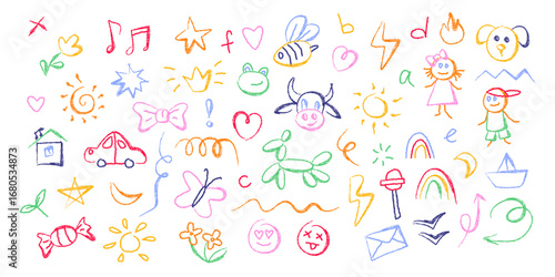 Kid school doodles with colorful rainbow and flowers, hearts and stars, sun and animals for playful designs. Childlike drawings with house and car for classroom decorations or educational materials