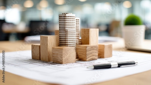 Wooden building blocks model on blueprints, office setting