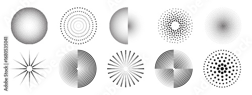 Ripple dot pattern set with white circular halftones, concentric rings and radial bursts on black. Geometric spirals, starburst points and wave lines for minimalist design or optical illusion effects.