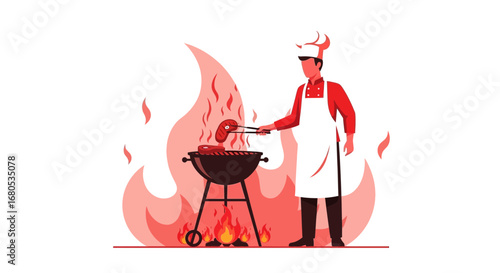 Grilling Illustration Depicts Chef Preparing Delicious Meat Over Open Fire