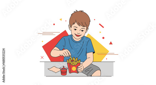 Happy Child Relishing Crispy Potato Fries Dipped In Tomato Ketchup Against Abstract Background