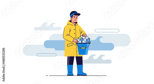 Happy Fisherman Displaying Catch of Fresh Fish in Blue Bucket Standing Outdoors