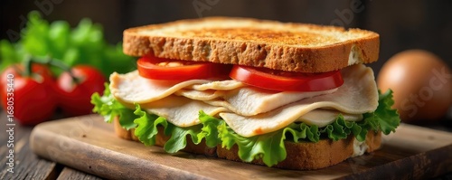 Wallpaper Mural A delicious and hearty turkey sandwich overflowing with sliced turkey breast, crisp lettuce, juicy tomato, and mayonnaise on toasted wheat bread ,  turkey breast,  healthy Torontodigital.ca