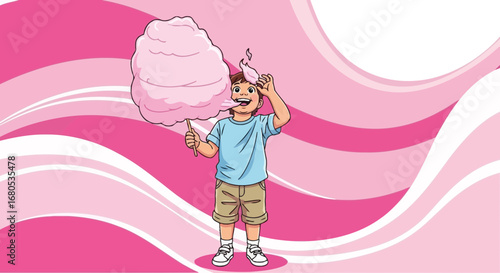 Happy Youngster Enjoying Cotton Candy with Delightful Pink Background Art