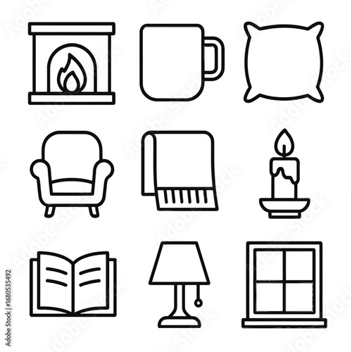 Cozy home essentials: minimalist line icons for living spaces