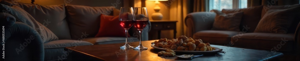 custom made wallpaper toronto digitalA dimly lit room, comfortable couch, empty wine glass, scattered snacks, relaxed posture suggesting post-drinks contentment , dark, winding-down