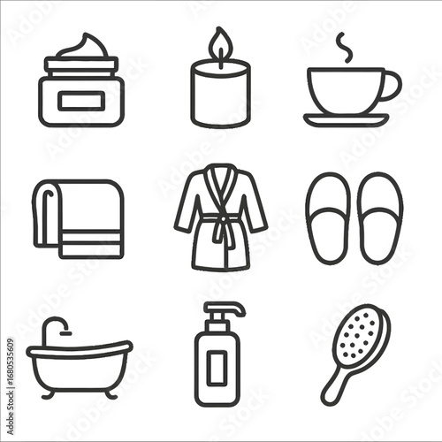 Spa and relaxation outline icons set with candle, cup, towel, and bathrobe