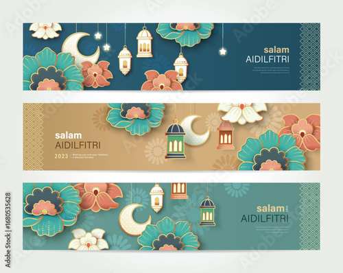 Set of Islamic festival banners design with flowers, lanterns and frames, suitable for Ramadan Kareem , Hari Raya, Eid Mubarak, Eid al Adha.

