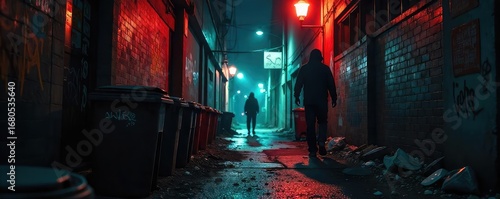 Wallpaper Mural A dimly lit alleyway, shadowed figures lurking in the background, overflowing trash cans, graffiti-covered walls, creating a sense of urban decay and criminal activity , garbage, underworld, cans Torontodigital.ca