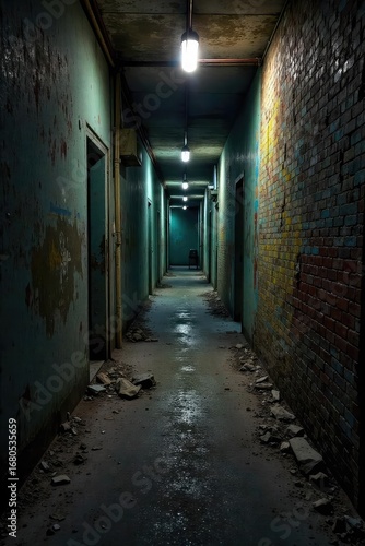 Wallpaper Mural A dimly lit, grungy hallway, characterized by peeling paint, exposed brick, and a sense of decay; perfect for evoking themes of urban decay, mystery, and forgotten spaces , dust, moody Torontodigital.ca